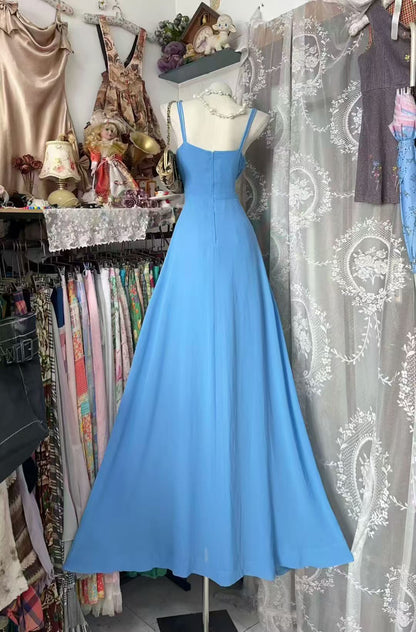 Spaghetti Strap A Line Blue Chiffon Prom Dress  J10517