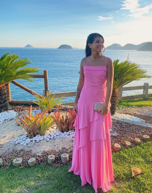 Spaghetti Strap A Line Pink Ruffled Formal Wedding Guest Dress  J10048