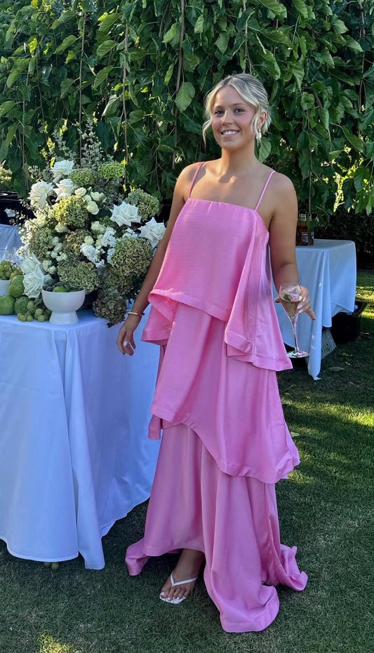Spaghetti Strap A Line Pink Satin Layered Wedding Guest Dress  J10089