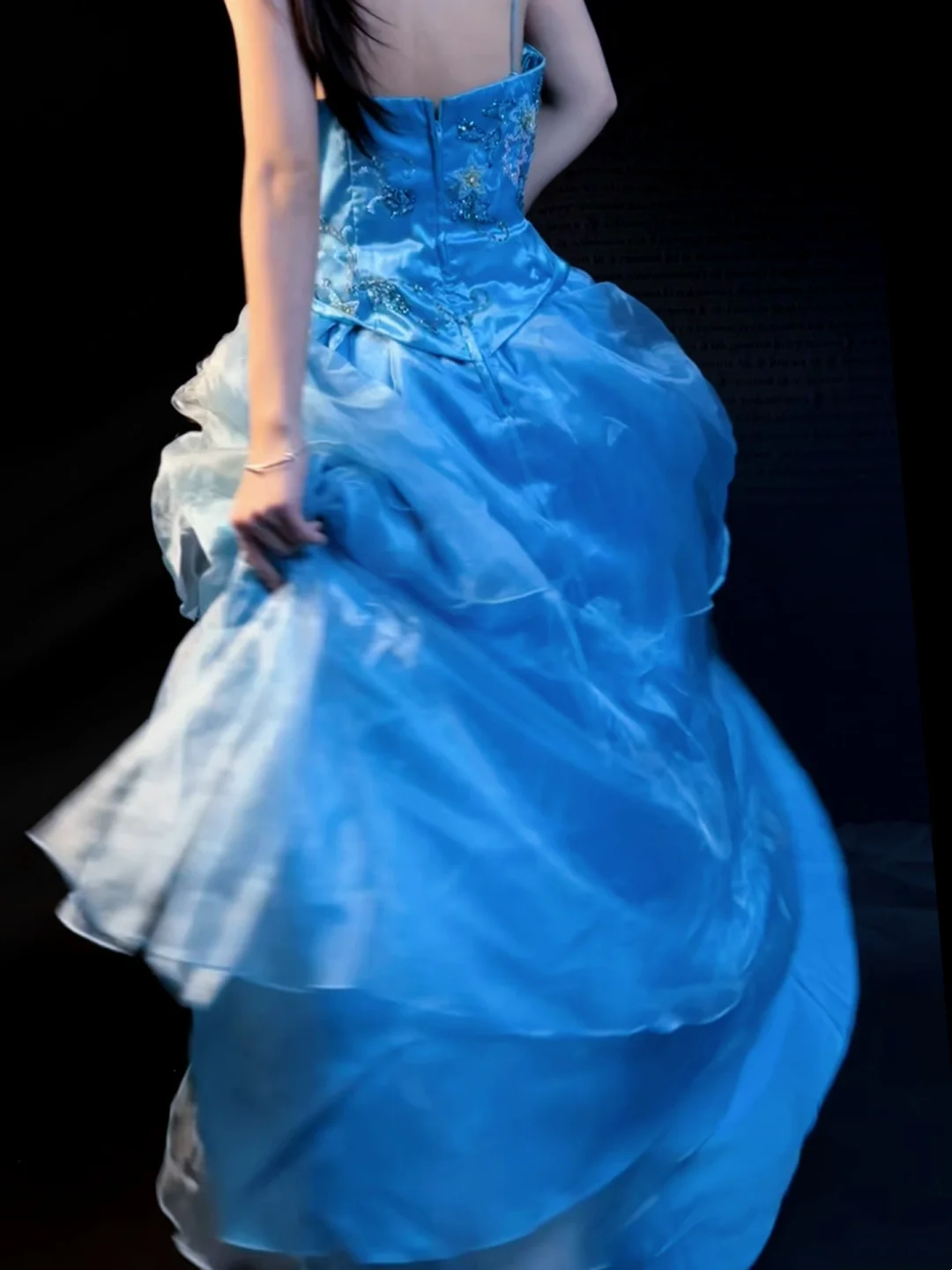 Spaghetti Strap A Line Retro Beaded Blue Formal Prom Dress J10158