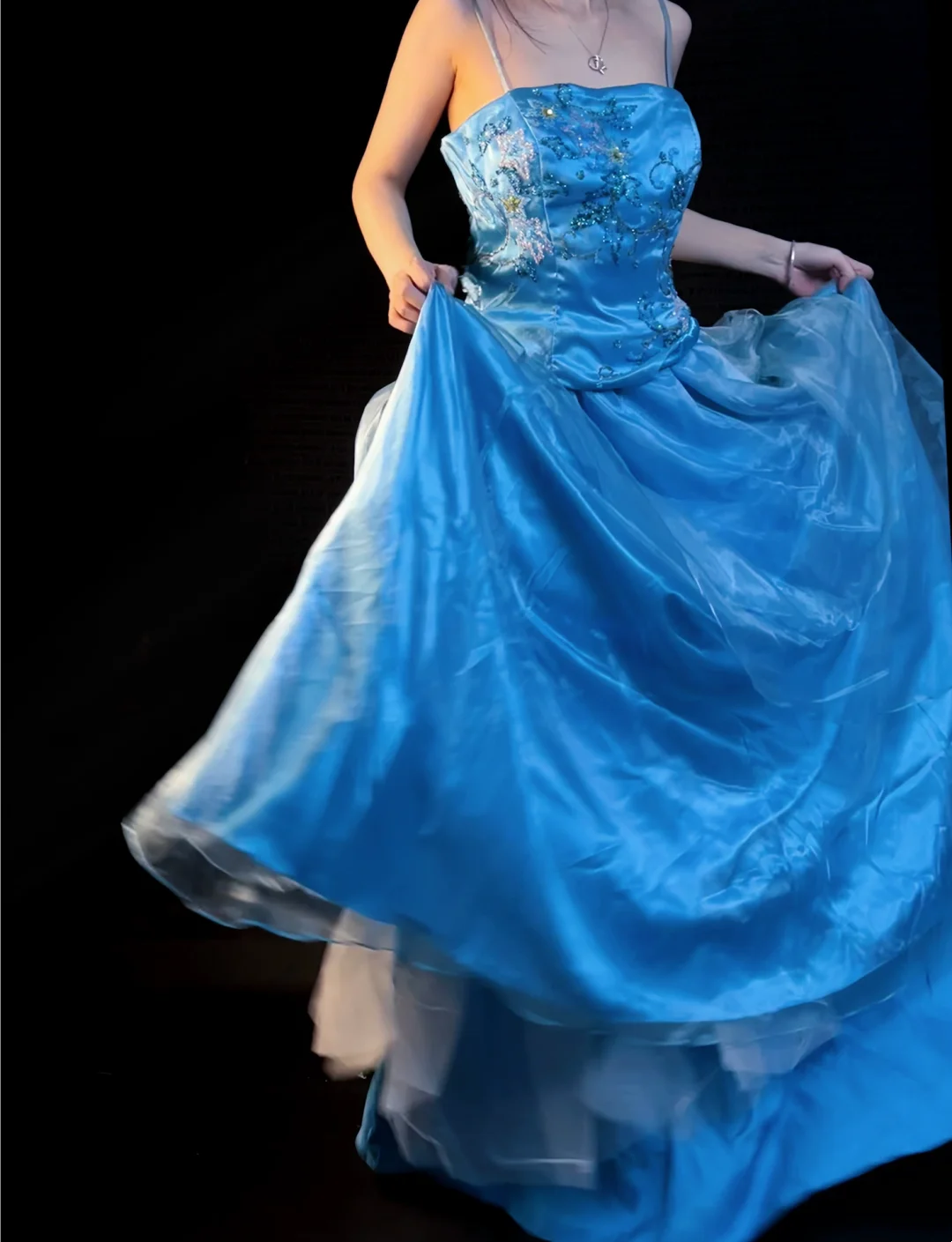 Spaghetti Strap A Line Retro Beaded Blue Formal Prom Dress J10158