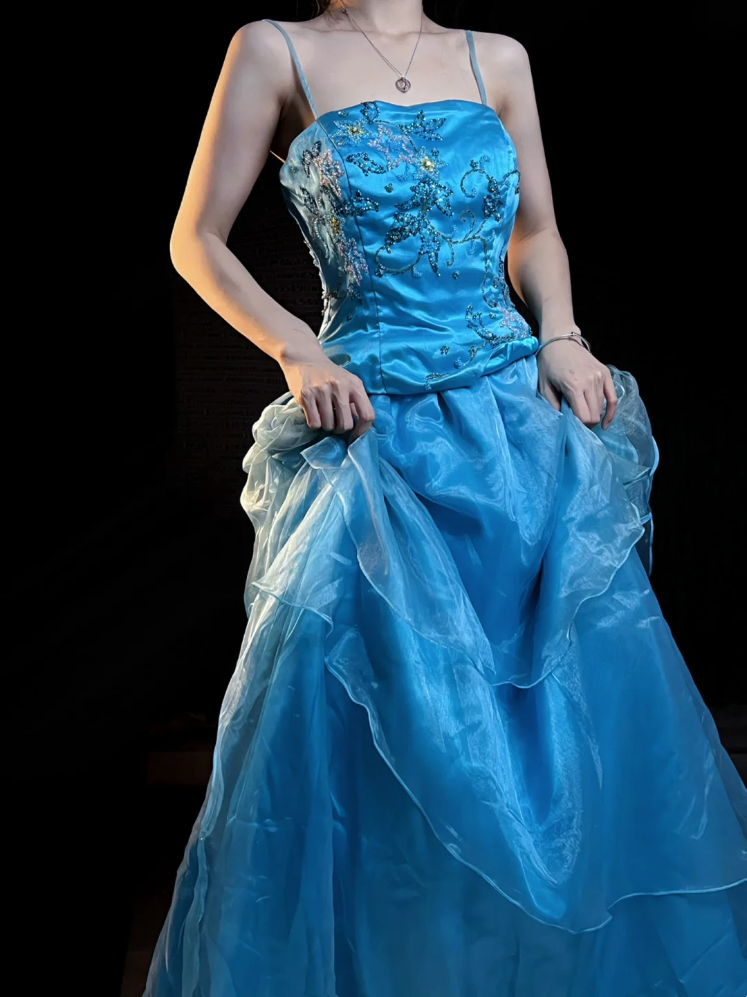 Spaghetti Strap A Line Retro Beaded Blue Formal Prom Dress J10158