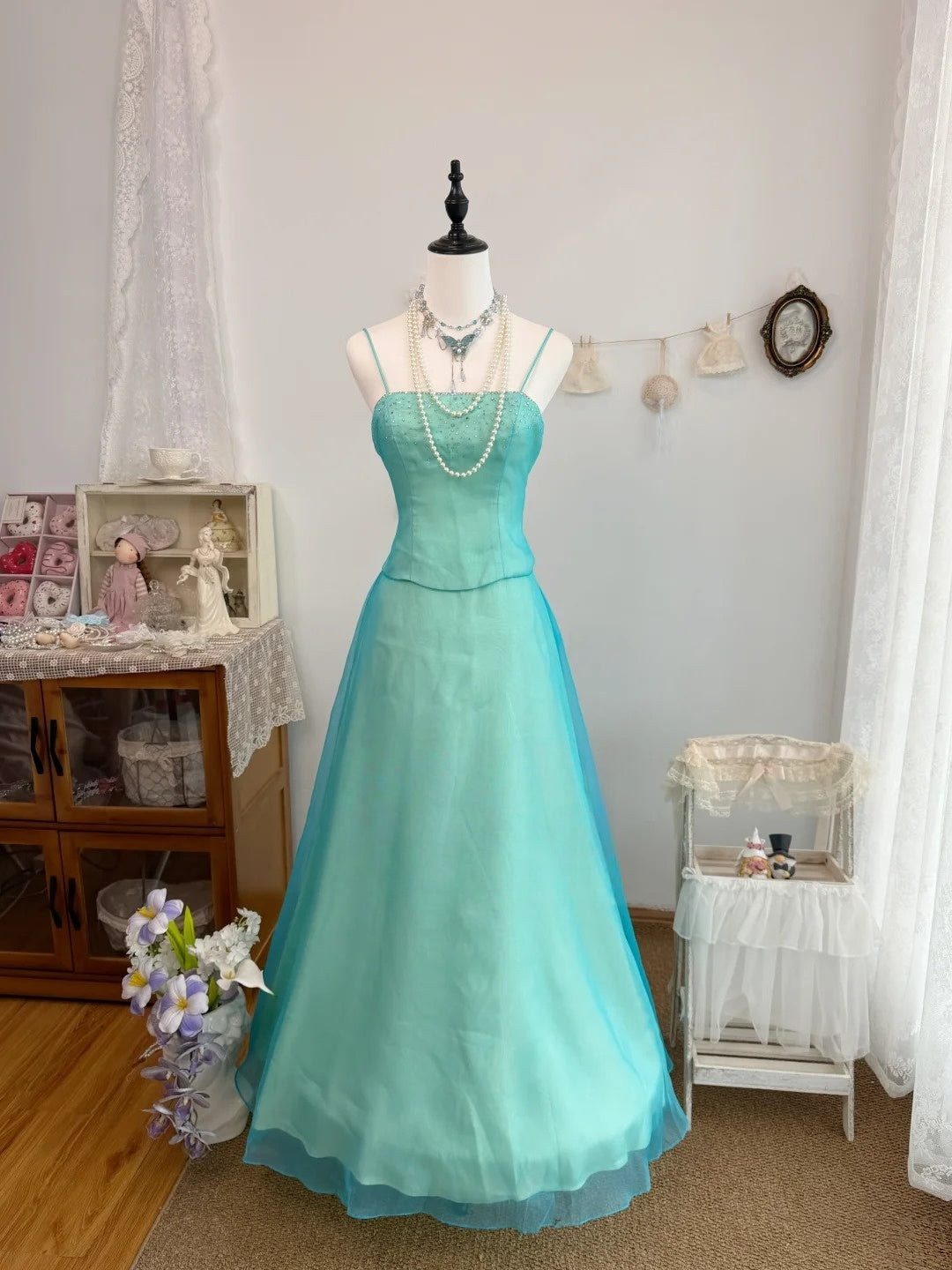 Spaghetti Strap A Line Retro Prom Dress Beaded Evening Dress  J10329