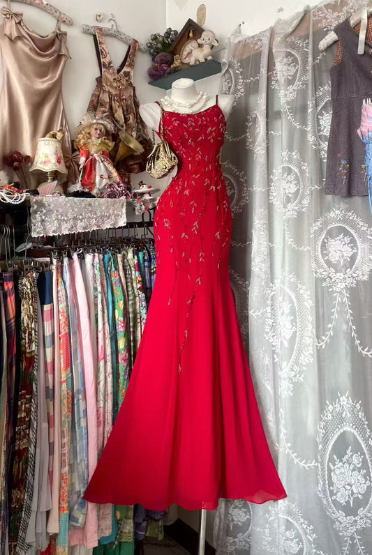 Spaghetti Strap Beaded Retro Formal Prom Dress Mermaid Evening Gown  J10518