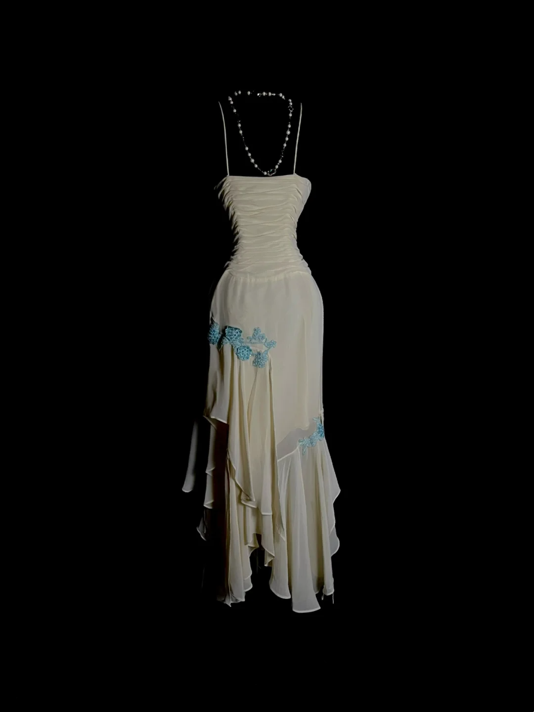 Spaghetti Strap Beige Chiffon Prom Dress With Appliques  J9774