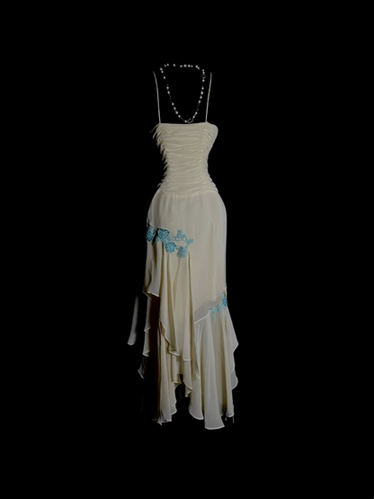 Spaghetti Strap Beige Chiffon Prom Dress With Appliques  J9774
