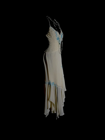 Spaghetti Strap Beige Chiffon Prom Dress With Appliques  J9774