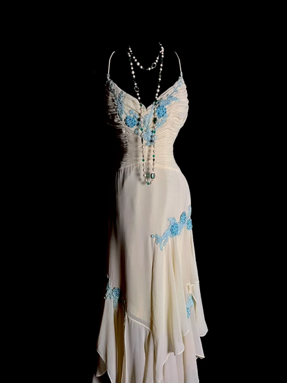 Spaghetti Strap Beige Chiffon Prom Dress With Appliques  J9774