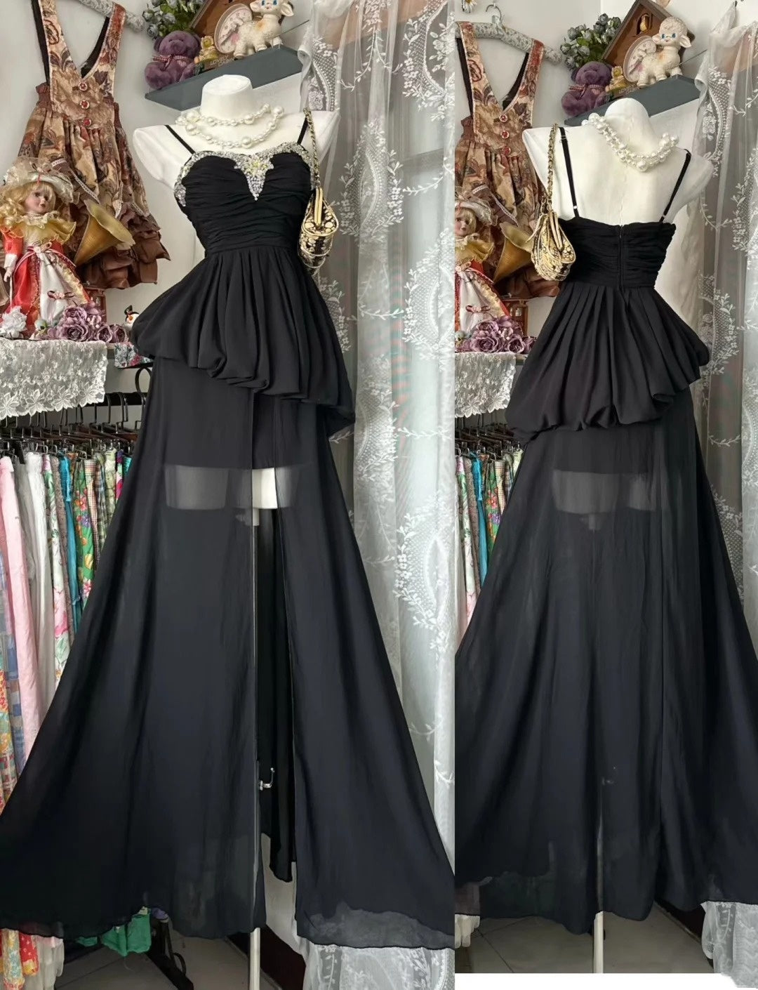 Spaghetti Strap Black Chiffon Prom Dress With Slit J10505