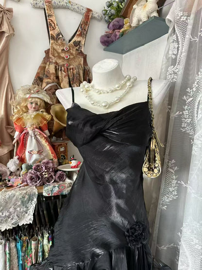 Spaghetti Strap Black Ruffled Prom Dress Sheath Party Dress J10077