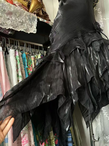 Spaghetti Strap Black Ruffled Prom Dress Sheath Party Dress J10077