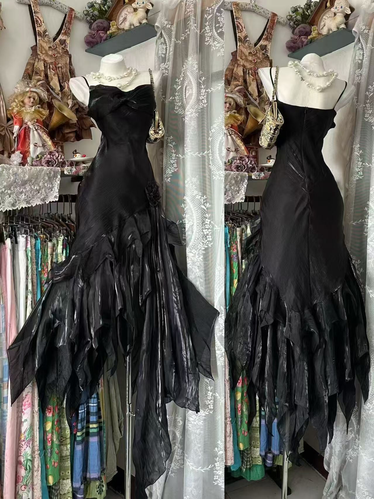 Spaghetti Strap Black Ruffled Prom Dress Sheath Party Dress J10077