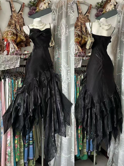 Spaghetti Strap Black Ruffled Prom Dress Sheath Party Dress J10077