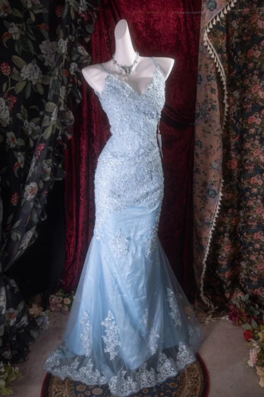 Spaghetti Strap Blue Mermaid Prom Dress With Appliques  J10120