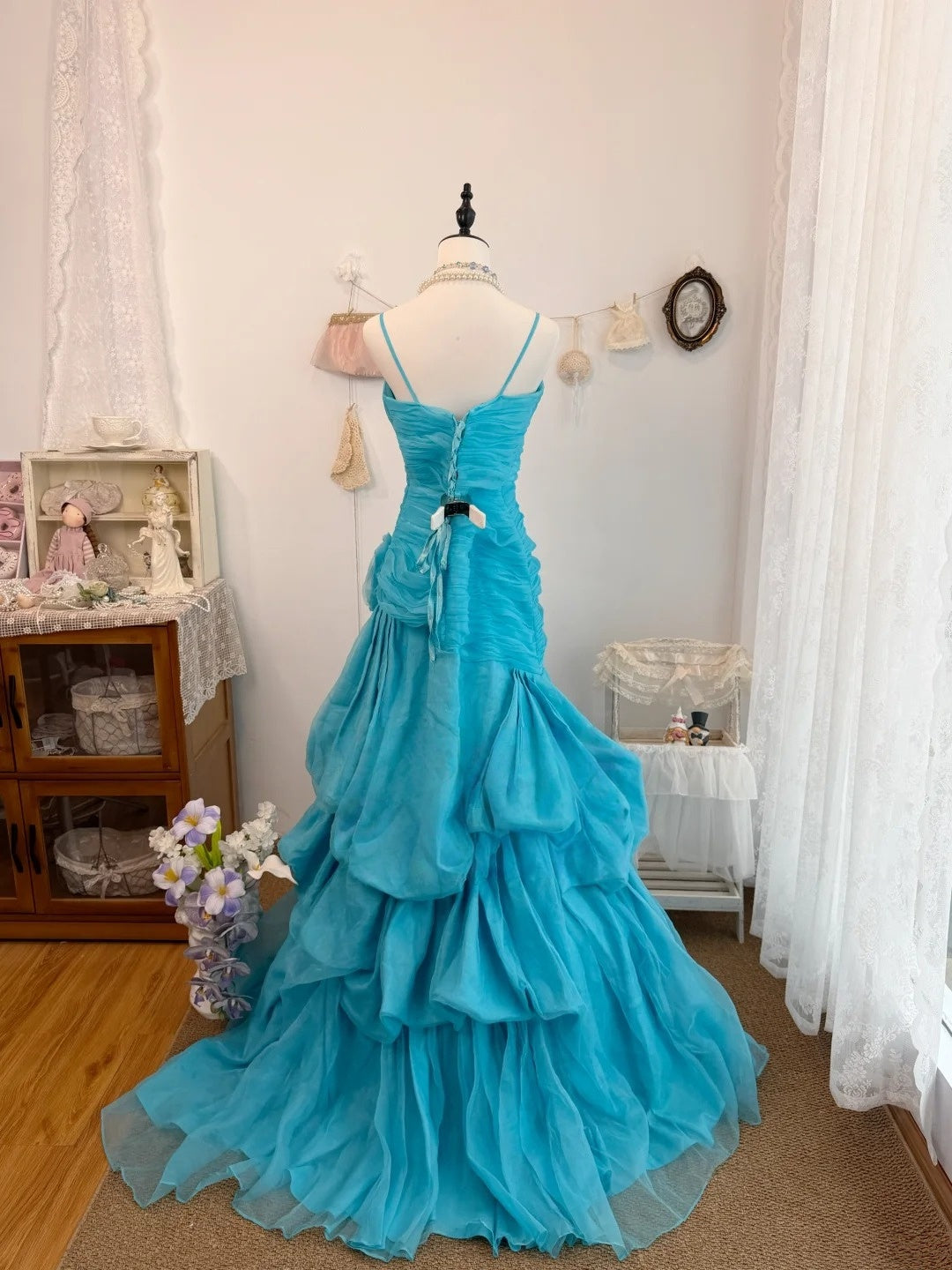 Spaghetti Strap Blue Retro Prom Dress Pleated Evening Gown  J10322