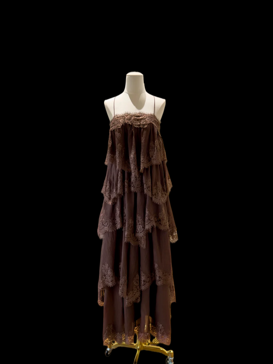 Spaghetti Strap Brown Chiffon Wedding Guest Dress Layered Lace Formal Dress J9901