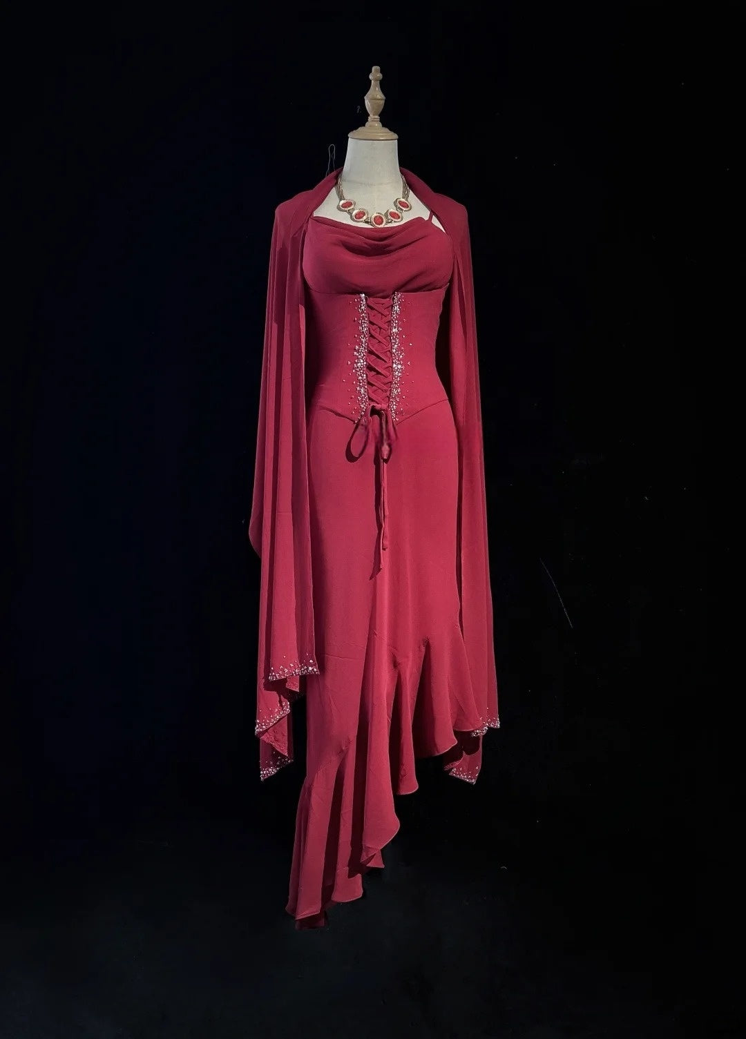 Spaghetti Strap Burgundy Chiffon Prom Dress Beaded Evening Gown  J10565