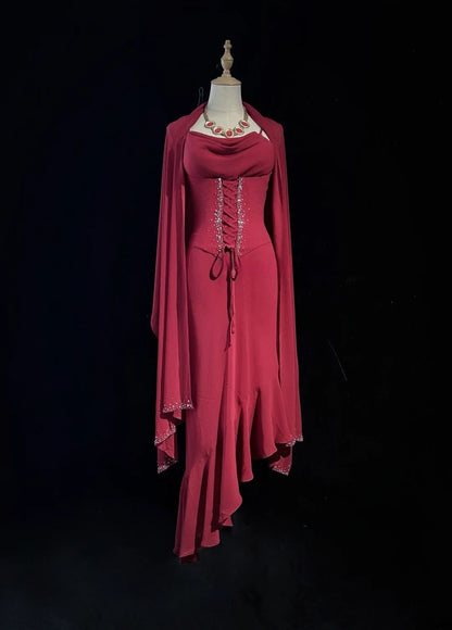 Spaghetti Strap Burgundy Chiffon Prom Dress Beaded Evening Gown  J10565