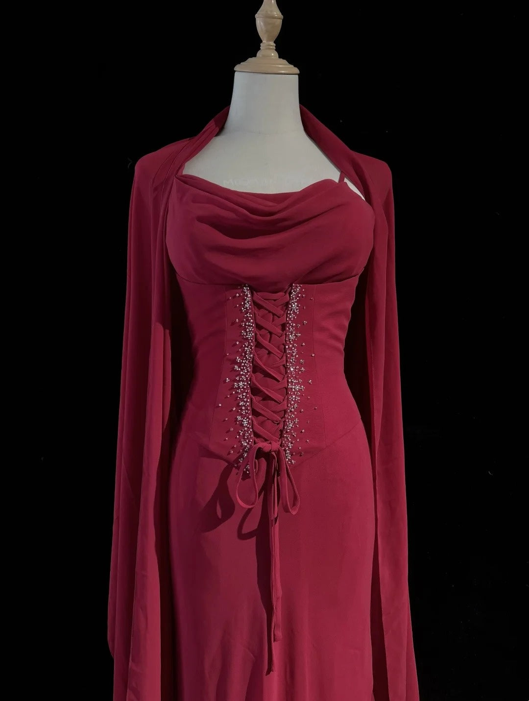 Spaghetti Strap Burgundy Chiffon Prom Dress Beaded Evening Gown  J10565