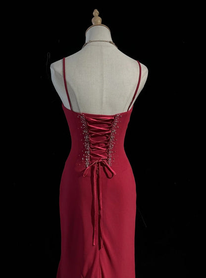 Spaghetti Strap Burgundy Chiffon Prom Dress Beaded Evening Gown  J10565