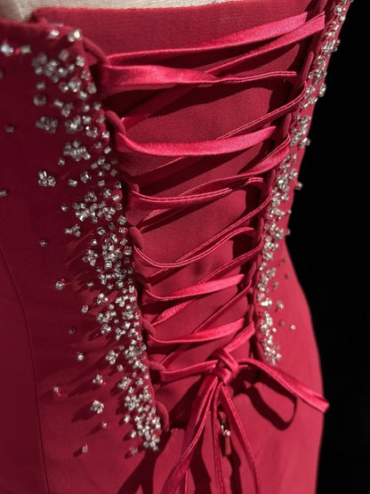 Spaghetti Strap Burgundy Chiffon Prom Dress Beaded Evening Gown  J10565