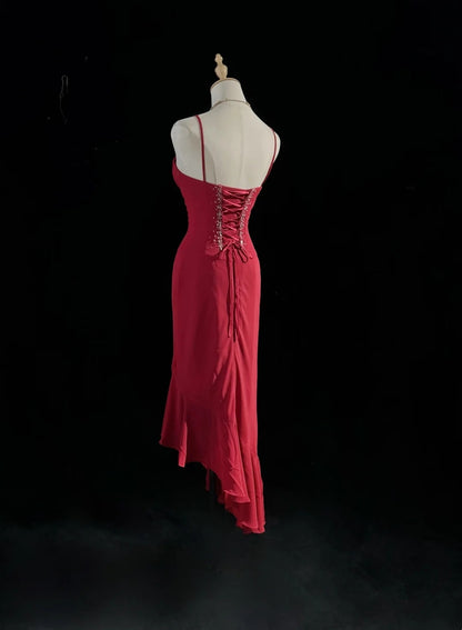 Spaghetti Strap Burgundy Chiffon Prom Dress Beaded Evening Gown  J10565