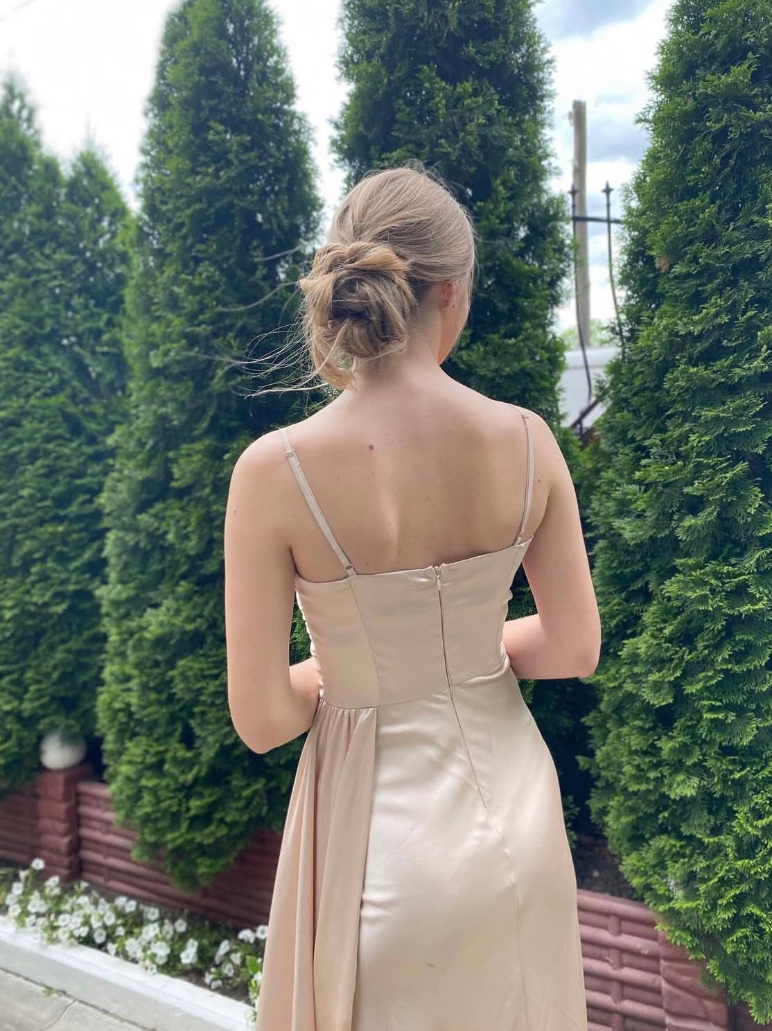 Spaghetti Strap Champagne Satin Prom Dress With Slit  J10044