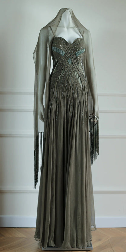 Spaghetti Strap Dark Green Prom Dress Beaded Retro Evening Dress J10404