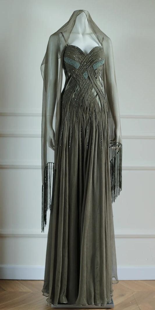 Trägerloses silbernes Vintage-Abendkleid, A-Linie, Geburtstagskleid J9370
