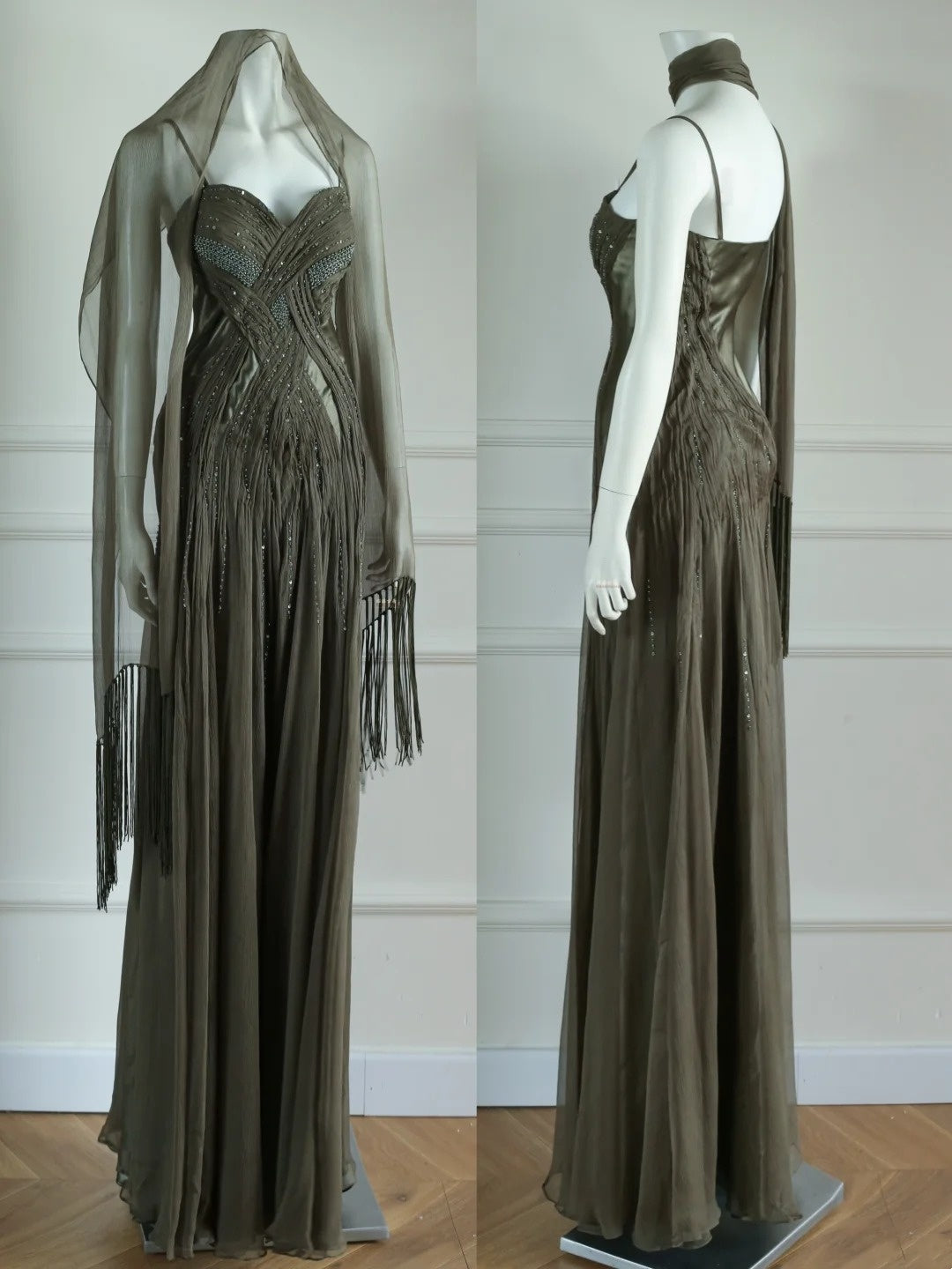 Spaghetti Strap Dark Green Prom Dress Beaded Retro Evening Dress J10404