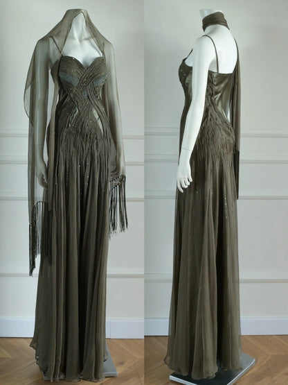 Spaghetti Strap Dark Green Prom Dress Beaded Retro Evening Dress J10404