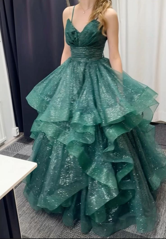 Spaghetti Strap Emerald Green Tulle Prom Dress Sparkle Evening Dress J9986