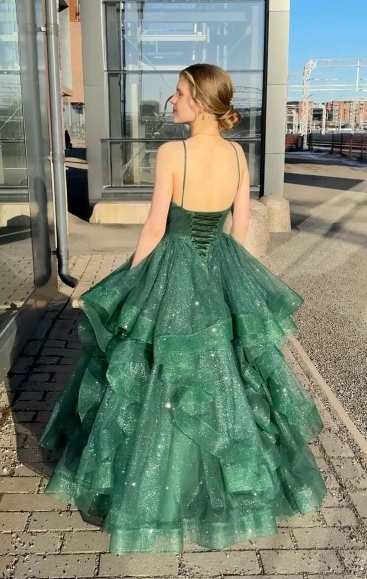 Spaghetti Strap Emerald Green Tulle Prom Dress Sparkle Evening Dress J9986