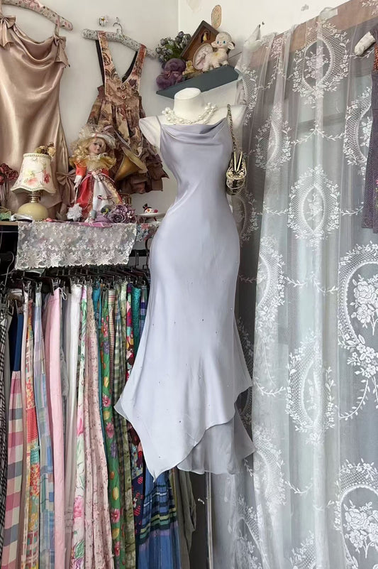 Spaghetti Strap Gray Mermaid Satin Evening Dress  J10542
