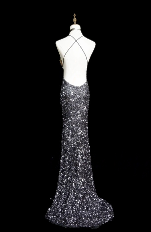 Spaghetti Strap Gray Sequin Prom Dress Mermaid Backless Evening Dress  J10500