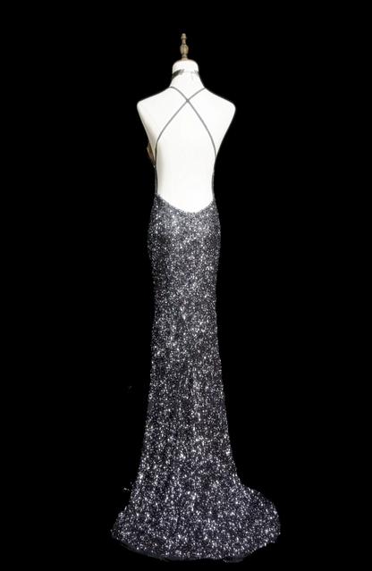 Spaghetti Strap Gray Sequin Prom Dress Mermaid Backless Evening Dress  J10500