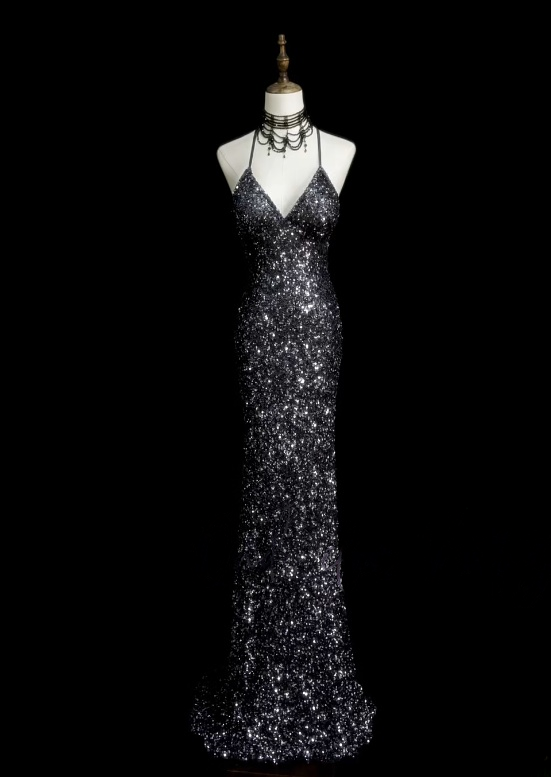Spaghetti Strap Gray Sequin Prom Dress Mermaid Backless Evening Dress  J10500