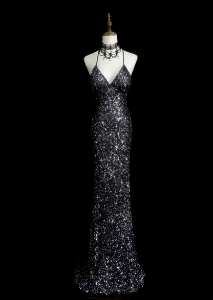 Spaghetti Strap Gray Sequin Prom Dress Mermaid Backless Evening Dress  J10500