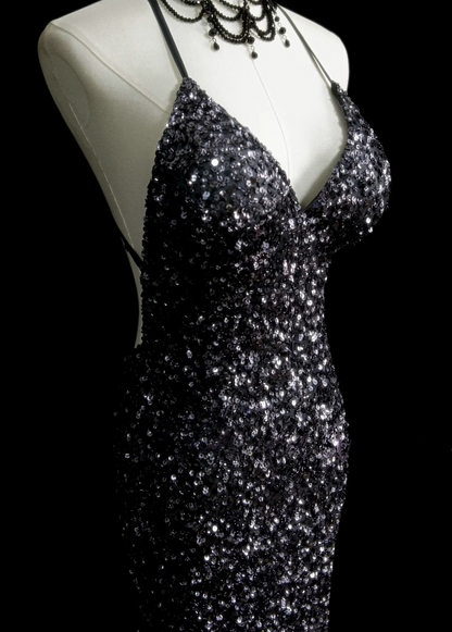 Spaghetti Strap Gray Sequin Prom Dress Mermaid Backless Evening Dress  J10500