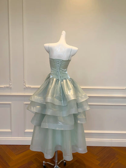 Spaghetti Strap Green Layered Prom Dress A Line Birthday Dress  J10279