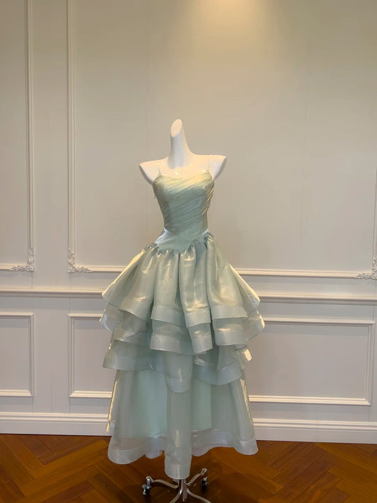 Spaghetti Strap Green Layered Prom Dress A Line Birthday Dress  J10279