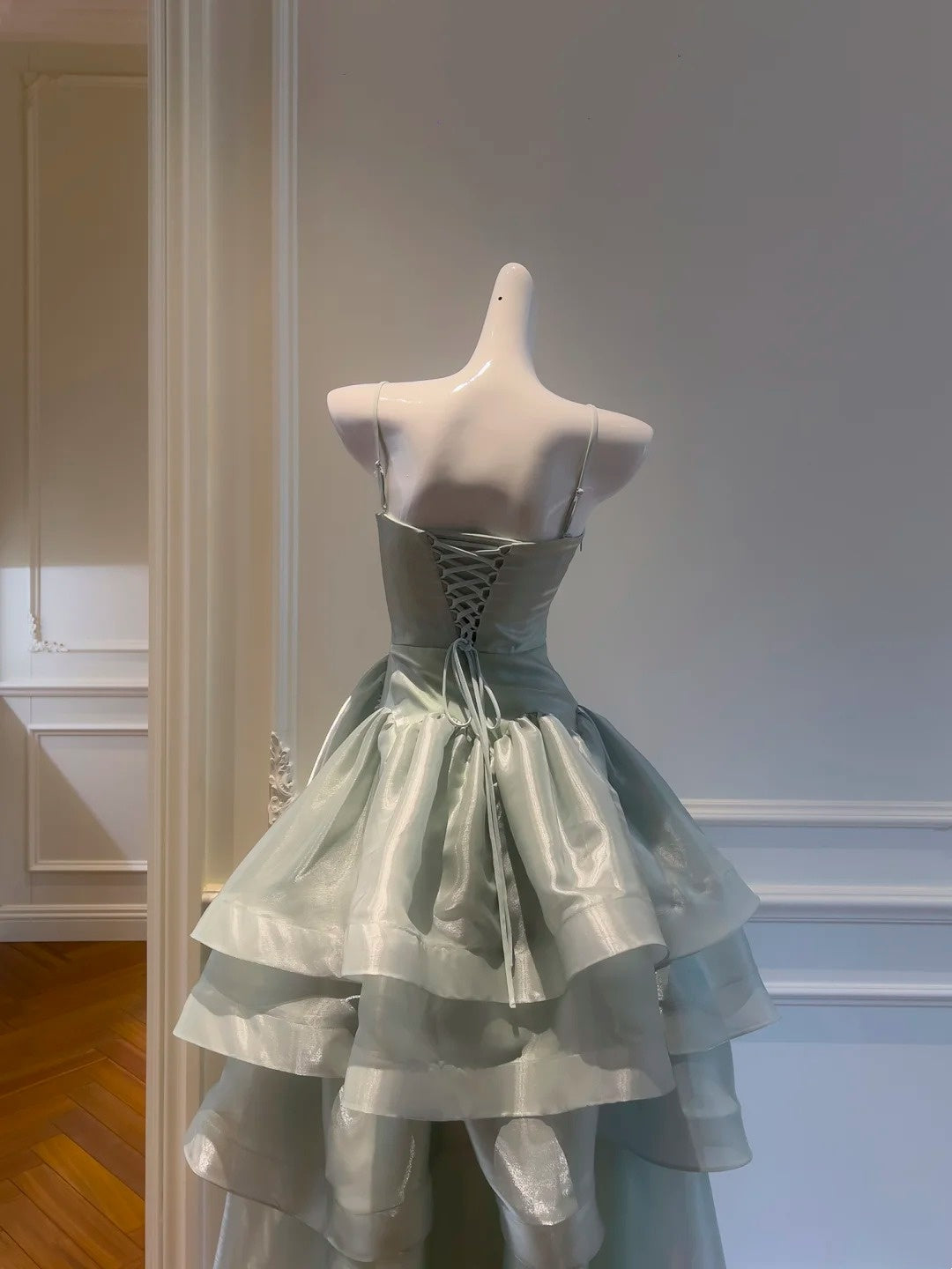 Spaghetti Strap Green Layered Prom Dress A Line Birthday Dress  J10279