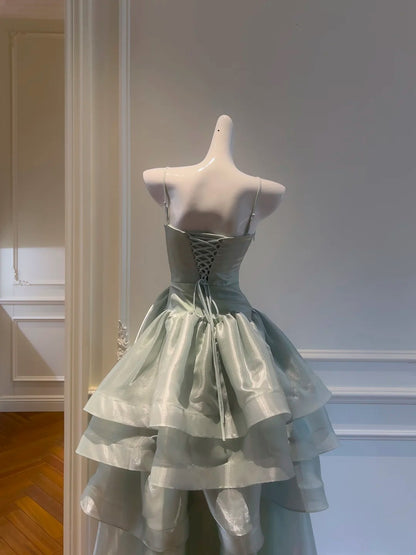 Spaghetti Strap Green Layered Prom Dress A Line Birthday Dress  J10279