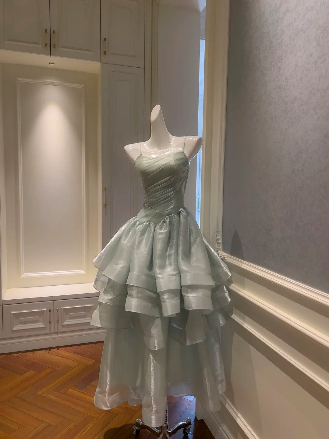 Spaghetti Strap Green Layered Prom Dress A Line Birthday Dress  J10279