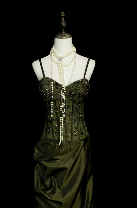 Spaghetti Strap Green Satin Prom Dress Retro Beaded Evening Dress  J10501