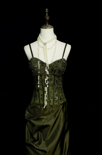 Spaghetti Strap Green Satin Prom Dress Retro Beaded Evening Dress  J10501