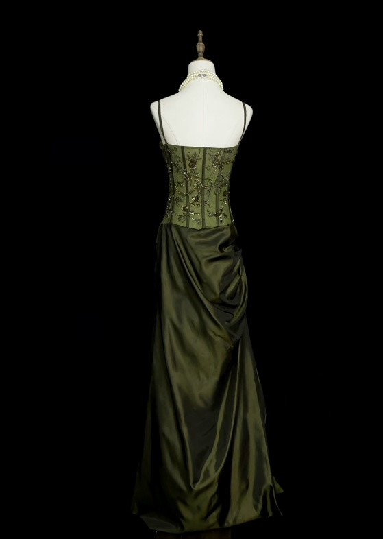 Spaghetti Strap Green Satin Prom Dress Retro Beaded Evening Dress  J10501