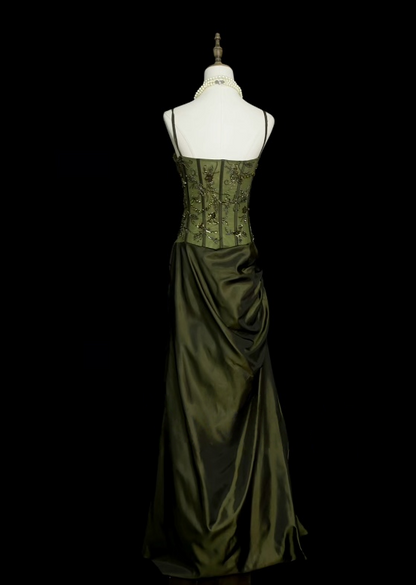 Spaghetti Strap Green Satin Prom Dress Retro Beaded Evening Dress  J10501