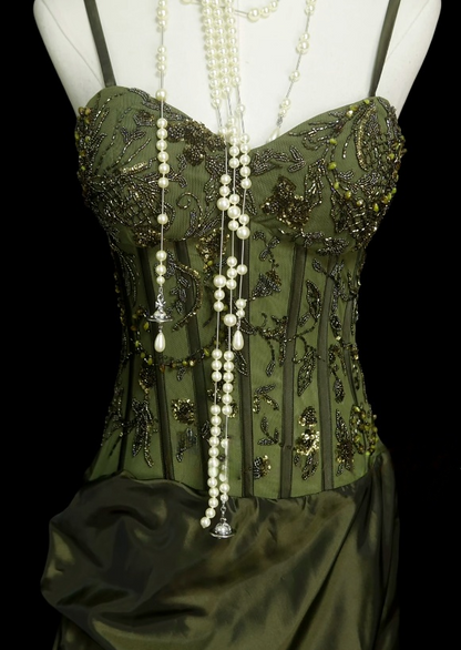 Spaghetti Strap Green Satin Prom Dress Retro Beaded Evening Dress  J10501