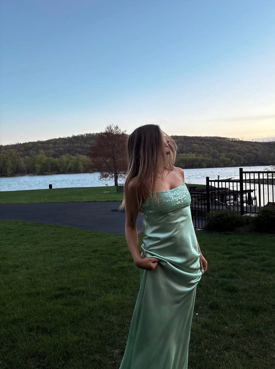 Spaghetti Strap Green Satin Prom Dress Sheath Wedding Guest Dress  J10439